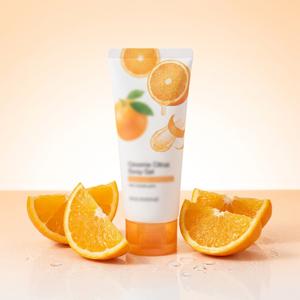 GlassGlow orange exfoliating peeling gel with fresh orange slices