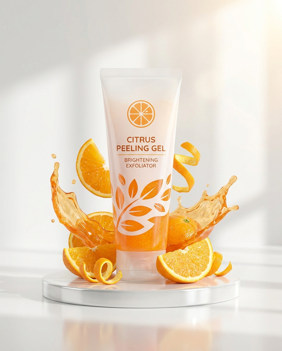 Orange Glow peeling gel tube with fresh orange slices and gel splash