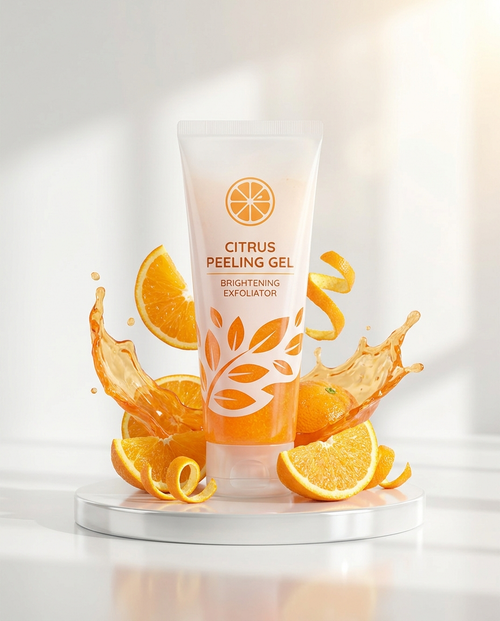 Orange Glow peeling gel tube with fresh orange slices and gel splash