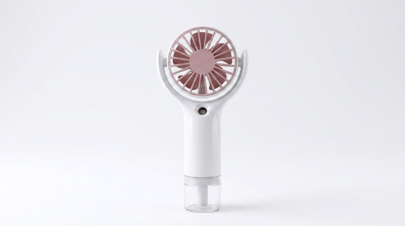 ArcticMist handheld misting fan — real product, white body with pink blades and clear water tank