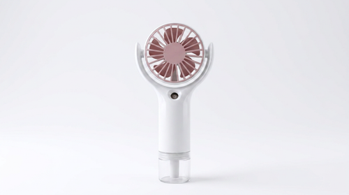 ArcticMist handheld misting fan — real product, white body with pink blades and clear water tank