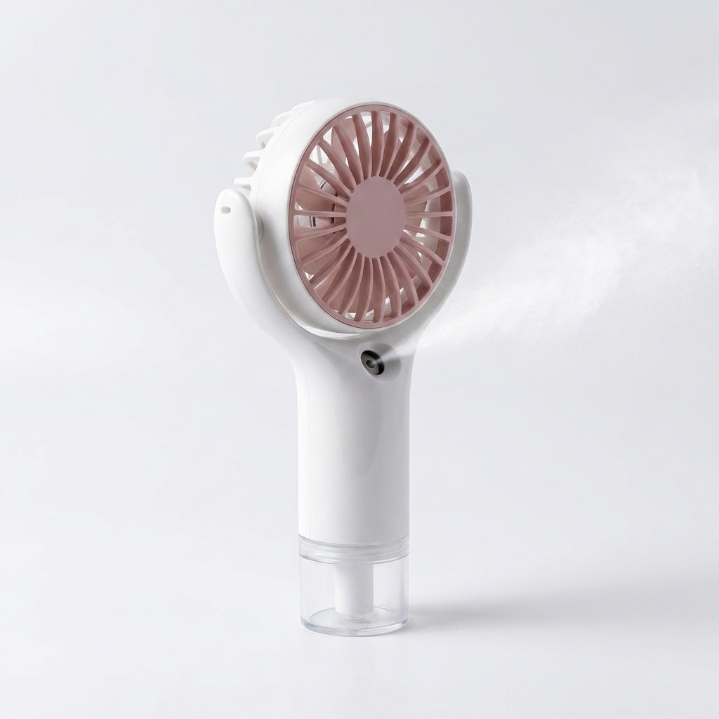 ArcticMist misting fan spraying fine mist — studio shot of actual unit