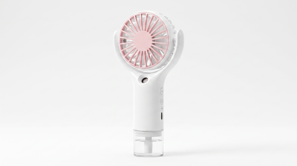 ArcticMist handheld misting fan — 2K studio master of actual unit with H2O and power buttons, USB-C port, clear tank