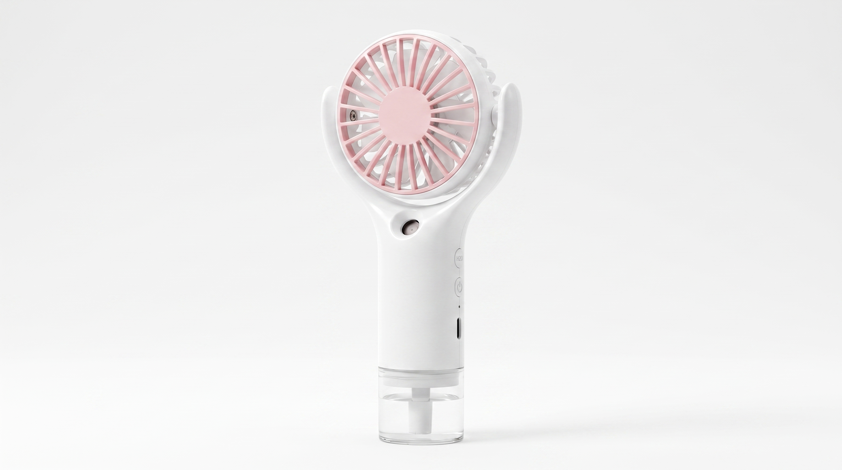 ArcticMist handheld misting fan — 2K studio master of actual unit with H2O and power buttons, USB-C port, clear tank
